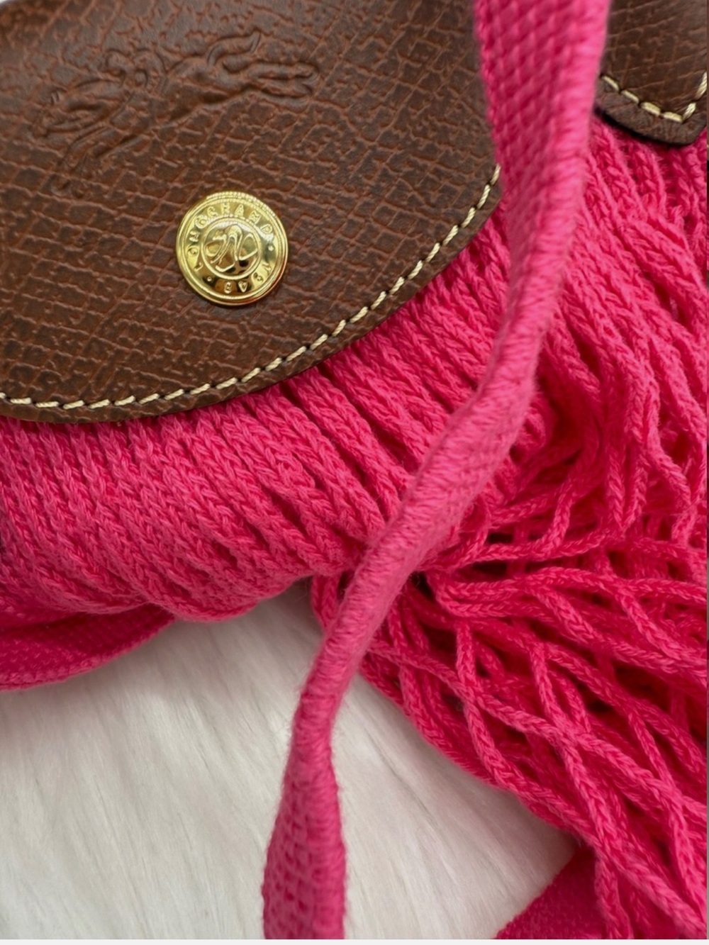 Longchamp le pliage Pink Mesh Tote Shoulder Bag with Brown Trim. LIKE NEW! Big - Picture 4 of 4